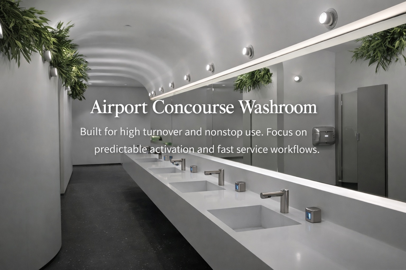 Airport concourse washroom concept with touchless fixtures and durable finishes